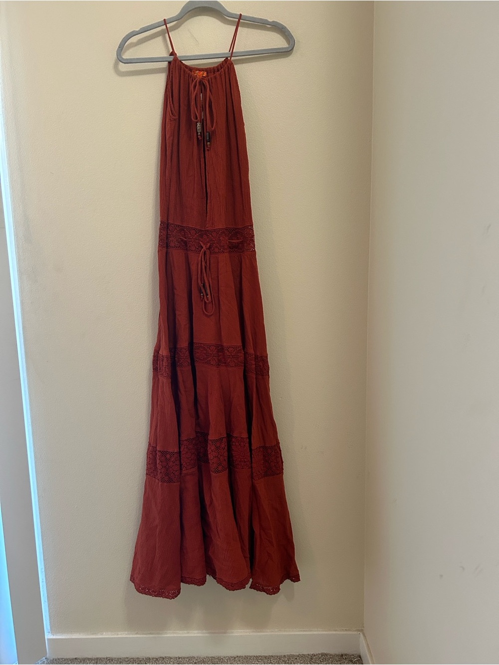 Michelle Jonas Rust Tiered Maxi Dress with Crochet Panels and open bodice